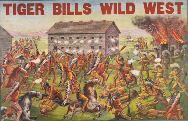 A color print of a violent battle scene between Native Americans and White men under the words, "Tiger Bills Wild West."