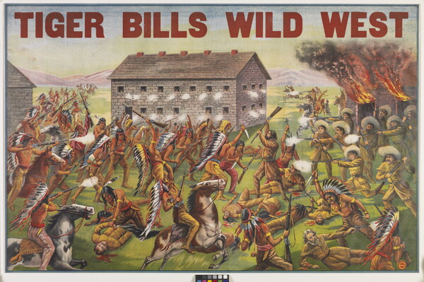 A color print of a violent battle scene between Native Americans and White men under the words, "Tiger Bills Wild West."