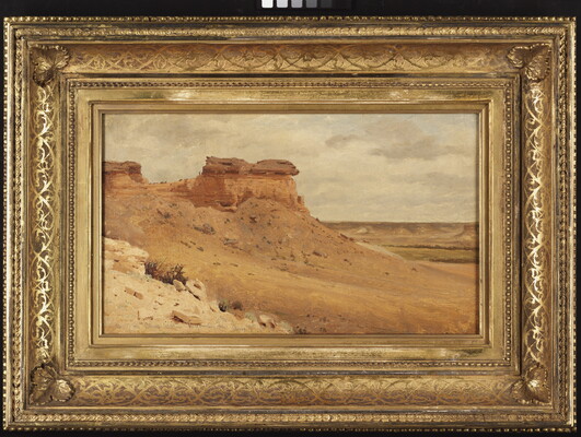 A landscape oil painting of a desert plateau rising up from an arid valley.