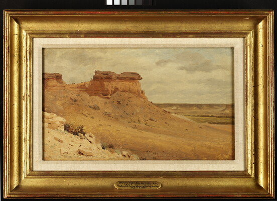 A landscape oil painting of a desert plateau rising up from an arid valley.