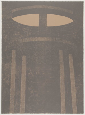 An abstract black-and-white print of oval-like light shapes above one horizontal and four vertical lines.
