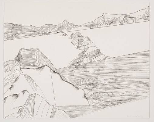 An abstract black-and-white print of a mountain landscape made up of lines and geometric shapes.