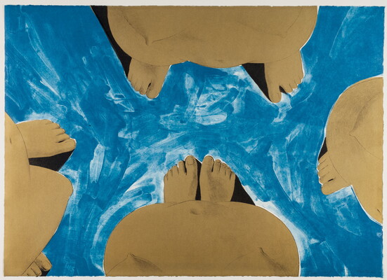 A color print showing the bare feet, bellies, and breasts of four people as viewed from above on a blue background.