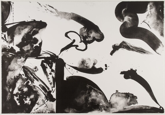 An abstract black-and-white print of fluid, organic swirls and shapes in black.