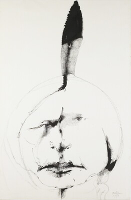 A black-and-white ink drawing of the head of a Native American with a single feather rising from behind his head.