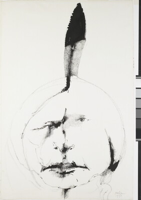 A black-and-white ink drawing of the head of a Native American with a single feather rising from behind his head.