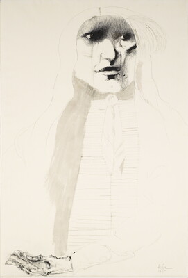 A black-and-white ink portrait of a Indigenous person with their hands folded in their lap.