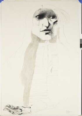 A black-and-white ink portrait of a Indigenous person with their hands folded in their lap.