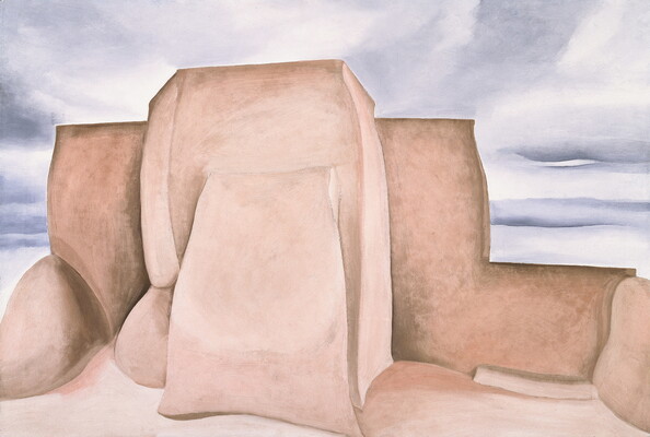 An oil painting of the back of a large adobe structure set against a muted blue sky.