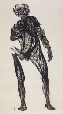A black-and-white print of an abstract man, composed of curving thin black lines and cartoonishly warped as if being pulled by a vacuum on one side.