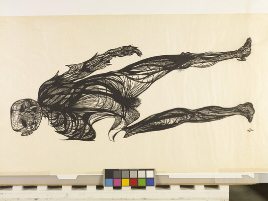 A black-and-white print of an abstract man, composed of curving thin black lines and cartoonishly warped as if being pulled by a vacuum on one side.