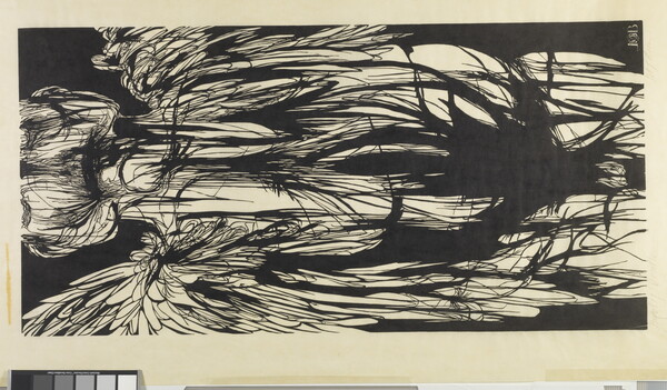 An abstract black-and-white print of a figure with wings and feathers.