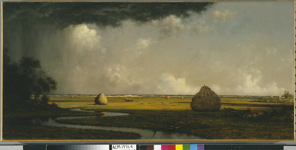 An oil painting of a hay mounds in a meadow with a river running through it as stormy clouds and rain roll in on a bright day.