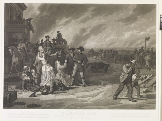 A black-and-white print of group of people crying over dead loved ones on a street.