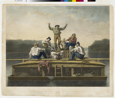 A color print showing White men on a river boat, some playing musical instruments, as a man in the center dances.