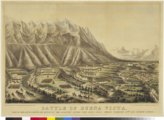 A color print of a broad view of a mountain valley where foot soldiers and cavalry are moving in formation across a plain.