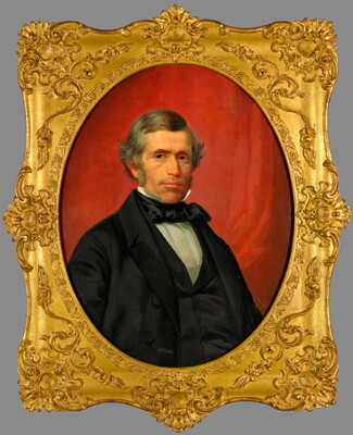 A portrait oil painting in a gold frame of a well-dressed White man with gray hair and sideburns.