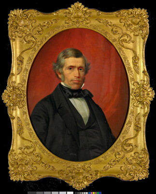 A portrait oil painting in a gold frame of a well-dressed White man with gray hair and sideburns.