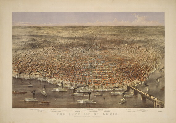 A color print of an aerial view of a busy port with ships in the foreground and a large city that sprawls to the horizon.