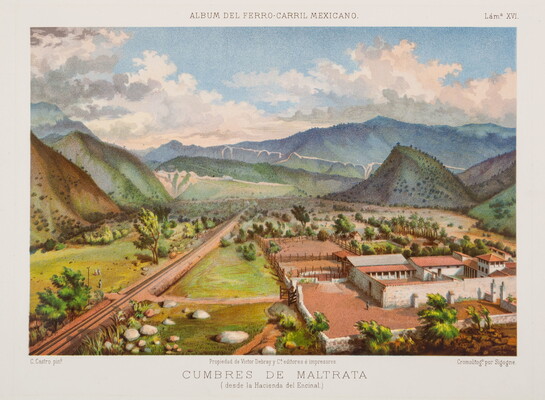 A color print of an adobe farmhouse and paddock in a mountain valley with railroad tracks running into the distance.