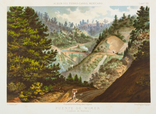 A color print of a locomotive on a high bridge in the distance while in the foreground a man and his dog walk along the tracks.