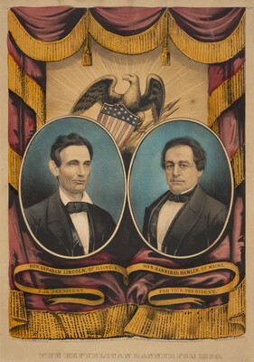 A color print of two oval portraits of White men in suits against a backdrop of red curtains with yellow fringe, and a bald eagle holding a shield at center.