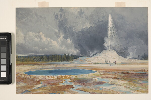 A color print of a landscape with large circular pool of blue water in the foreground and tall geyser shooting water into a gray, cloudy sky.