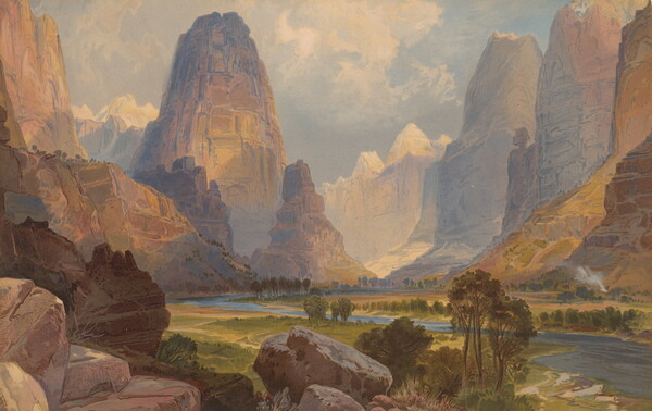 A color print of a landscape with rocky cliffs, mountains, and a river.