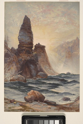 A color print of a choppy river in front of two towering rock formations backlit by the sun.