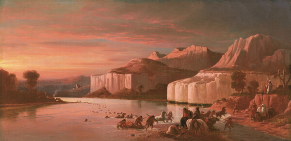 An oil painting of a group of Indigenous people on horseback crossing a calm river as a cloud-filled sky casts an orange light on the water and nearby cliffs.