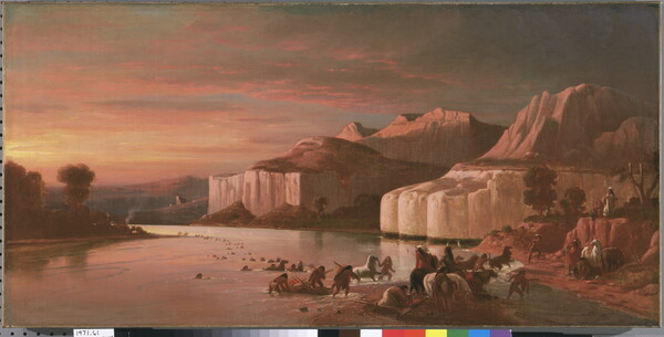 An oil painting of a group of Indigenous people on horseback crossing a calm river as a cloud-filled sky casts an orange light on the water and nearby cliffs.