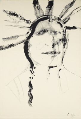 An black ink drawing in a sketchy, slightly abstract style of an Indigenous man from the shoulders up wearing a headdress.