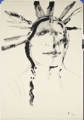 An black ink drawing in a sketchy, slightly abstract style of an Indigenous man from the shoulders up wearing a headdress.