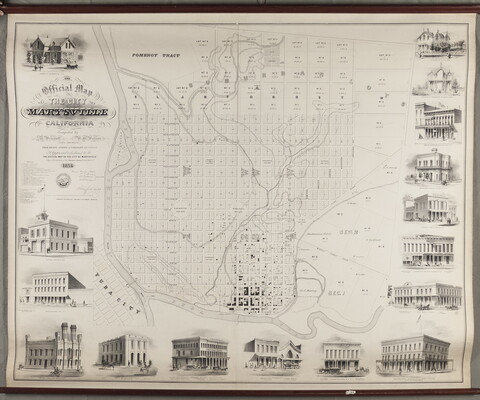 A black-and-white print of a map of a city showing its grid-like layout, surrounded by architectural views of some of the buildings.