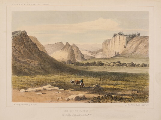 A color print of a person on horseback with two packhorses riding through a green valley surrounded by mountains and cliffs.