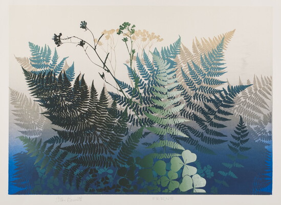 A color print of a fern fronds, clovers, and other plant leaves in blues, greens, and tans.