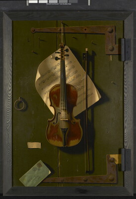 A realistic color print of a violin and bow hanging on a green, wood door with sheet music tacked behind the violin.