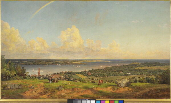 An oil painting of a countryside bathed in sunshine with water in the distance and people watching an artist paint in the foreground.