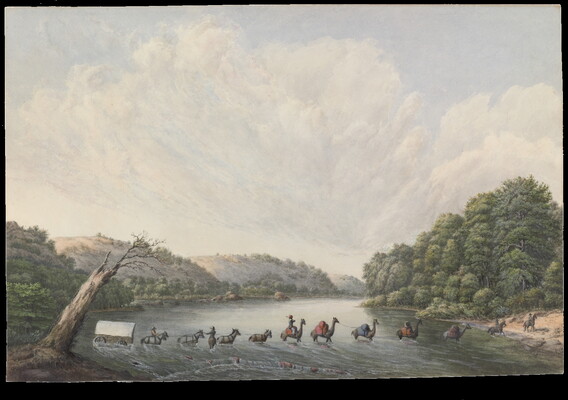 A watercolor of people, horses pulling a wagon, and camels crossing a wide river.