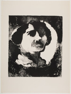 An abstract black-and-white print of a person's head on a splotchy black background.
