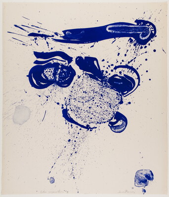 An abstract color print of blue ink blots, streaks, and splatters primarily in the top half of the sheet.