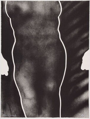 An abstract black-and-white print of a nude female torso with white lines outlining its shape.
