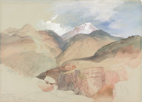 A watercolor sketch of mountains and canyons against a blue sky.