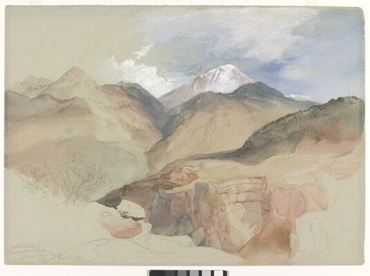 A watercolor sketch of mountains and canyons against a blue sky.