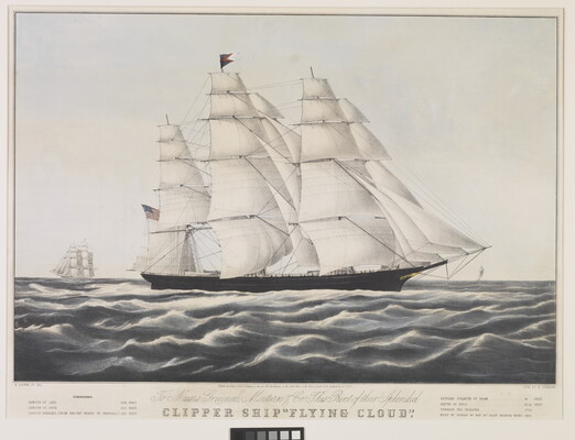 A color print of a large clipper ship on a choppy sea over the words "Clipper Ship 'Flying Cloud'" and other information about the ship.