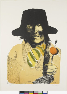 A drawing-like color print of the bust of an American Indian man in contemporary clothing holding a paintbrush in his hand.