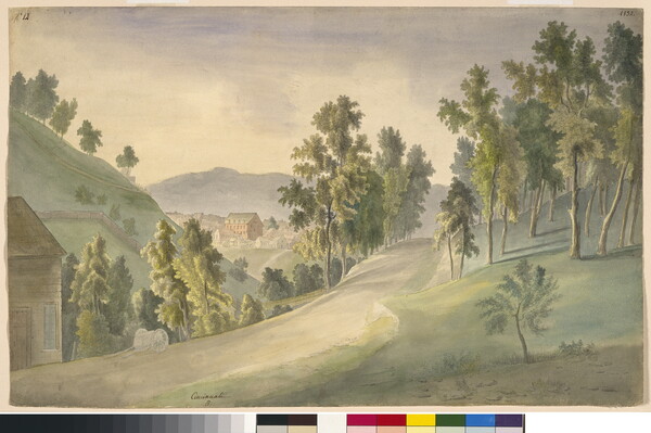 A watercolor of a dirt road surrounded by hills and trees and a city nestled between hills in the distance.