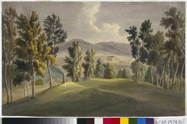 A watercolor of a tree-covered, green hill with a city in the valley in the distance.