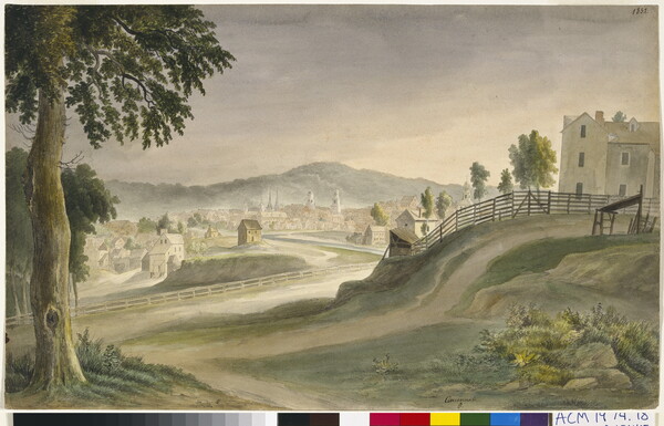 A watercolor of a city from the top of a hill next to a farmhouse.