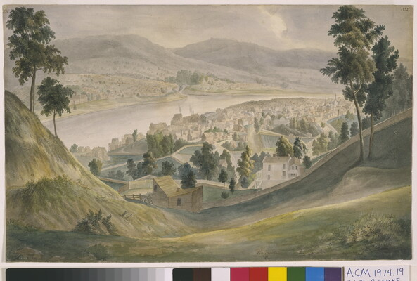 A watercolor of a city and wide river seen from the top of a green hill.